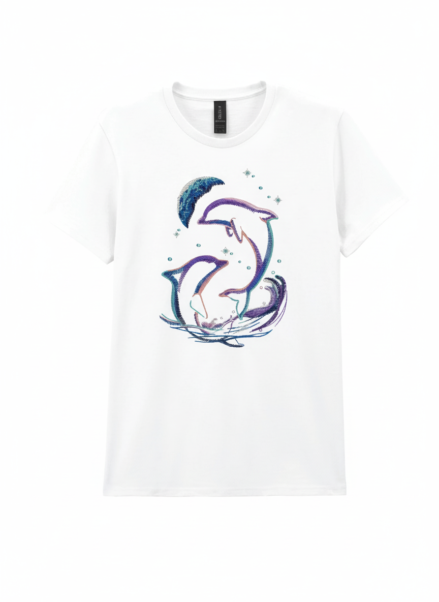 tee shirt unisexe brodé - dauphins au clair de lune